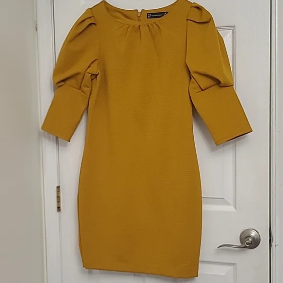 New York & Company | Dresses | New York And Company Mustard Knee Length  Dress With Puff Sleeve | Poshmark